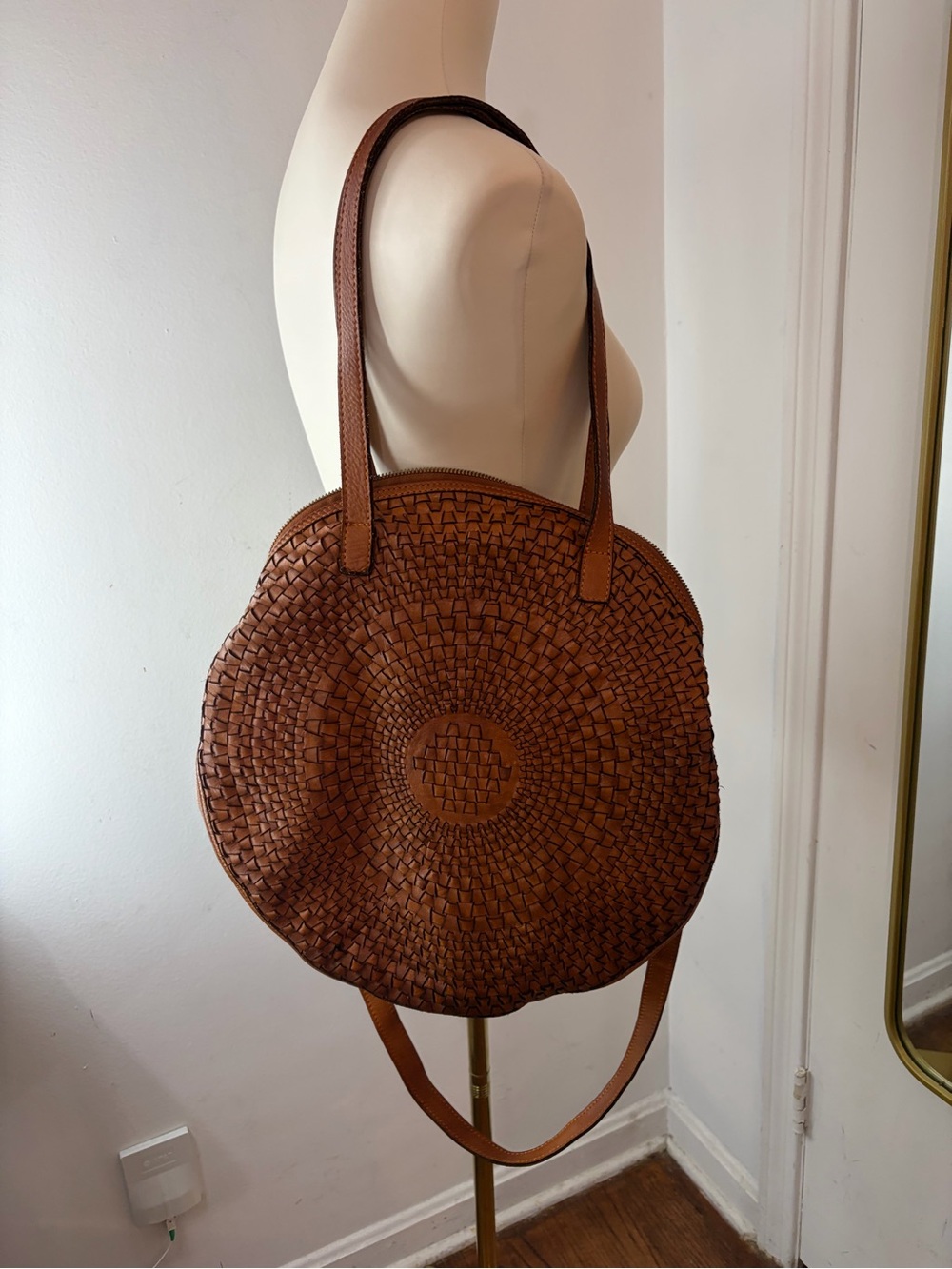 Sundance Woven Round Tote Leather with shoulder Handles Crossbody Cognac Brown
